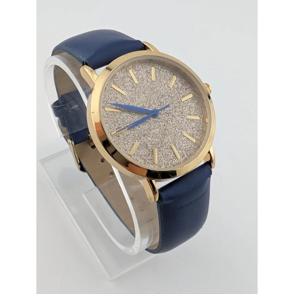 MSPCI‎ Glitter Dial Women's Watch 36mm Gold Case Blue Faux Leather Band- Working